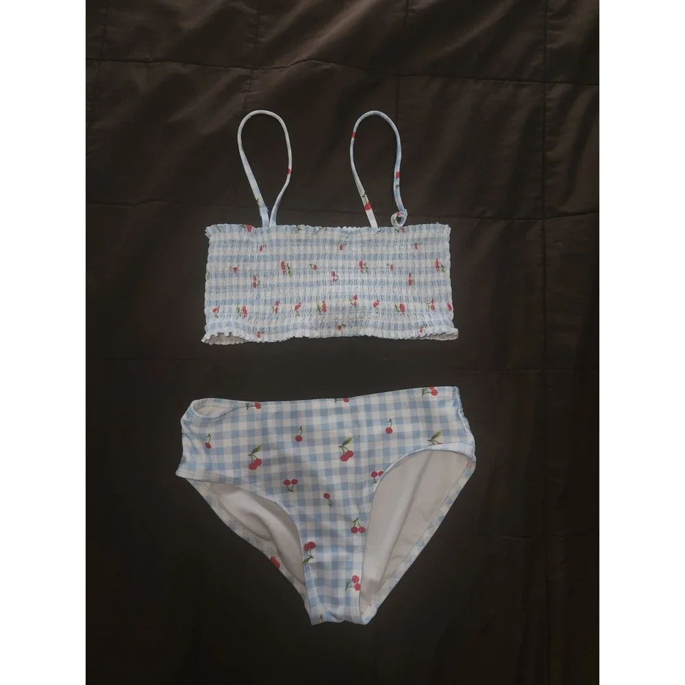 Old Navy two-piece swimsuit blue & white gingham with small cherries Girls Sz 8
